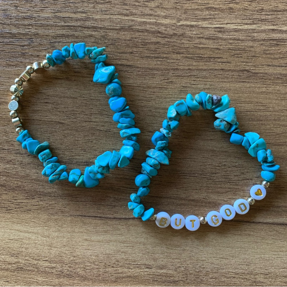 {Handmade} ‘BUT GOD’ Faux Turquoise Bracelet Set - Picture 2 of 6
